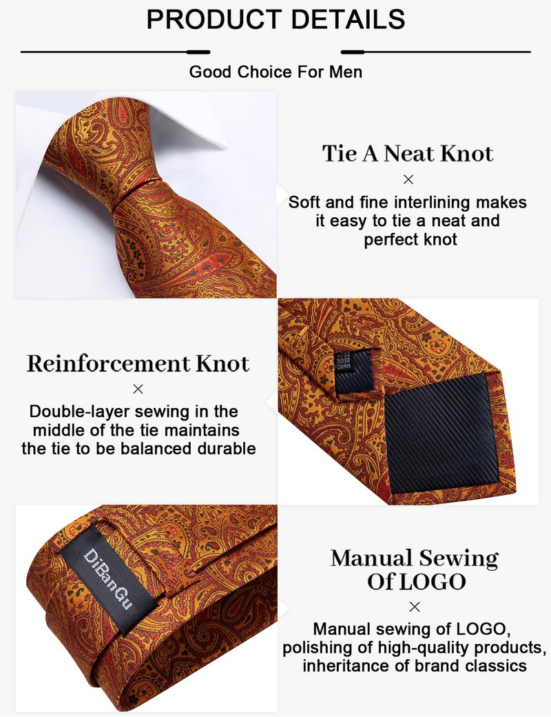DiBanGu Paisley Ties for Men Silk Necktie and Pocket Square Cufflinks Tie Clip Set Woven Classic Mens Tie for Wedding Party, Burnt Orange - Image 5